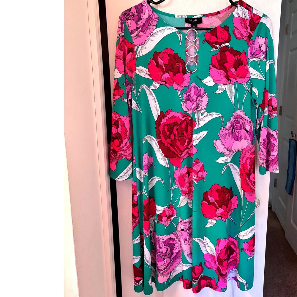 MSK Green Floral Print O-Ring Keyhole Neck 3/4 Sleeve Shift Dress Womens Medium